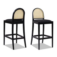 Panama 30.5" Curved Back Cane Rattan Bar Stool, Set of 2, Ebony Black Boucle