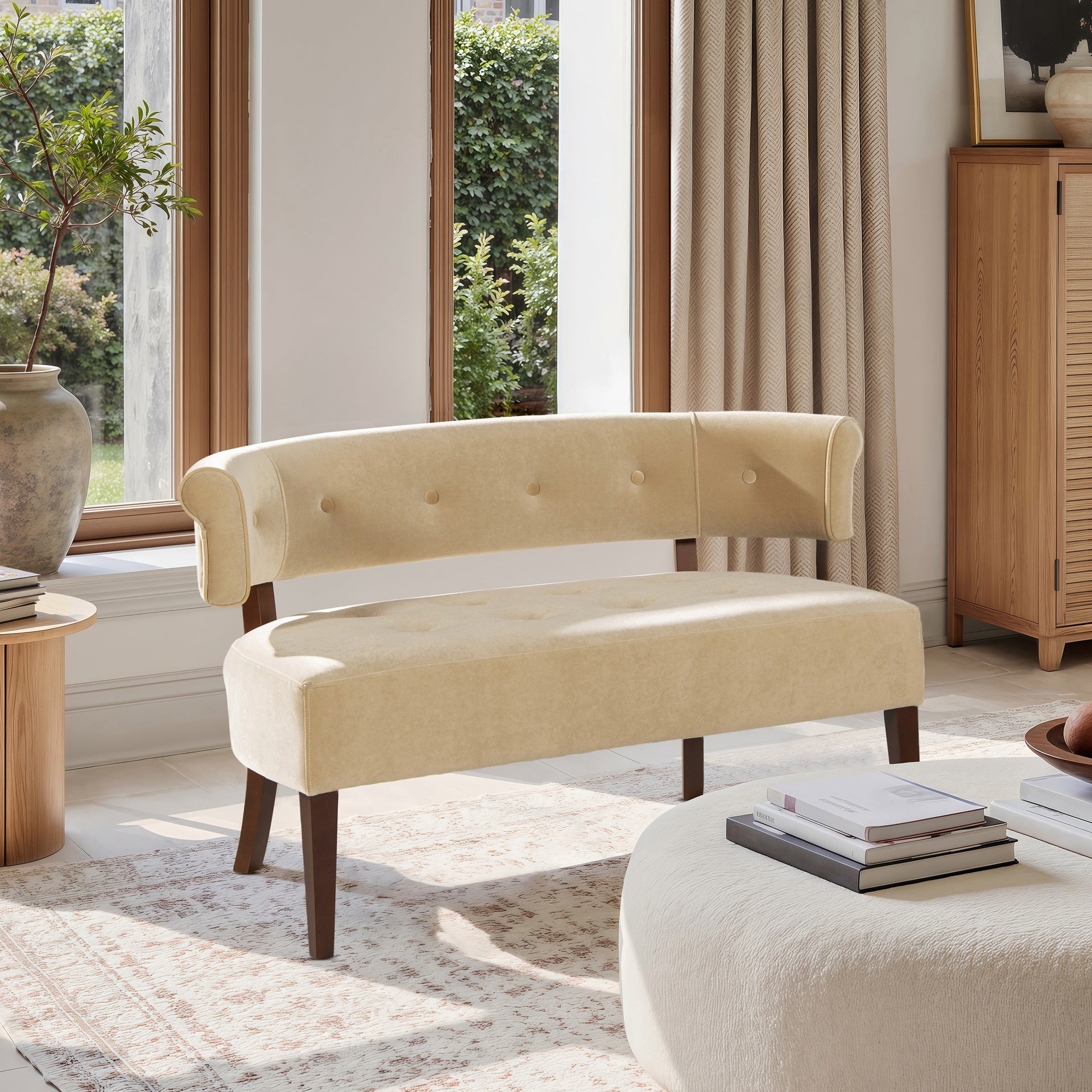 Jared Roll Arm Tufted Bench Settee, Fawn Brown Performance Velvet