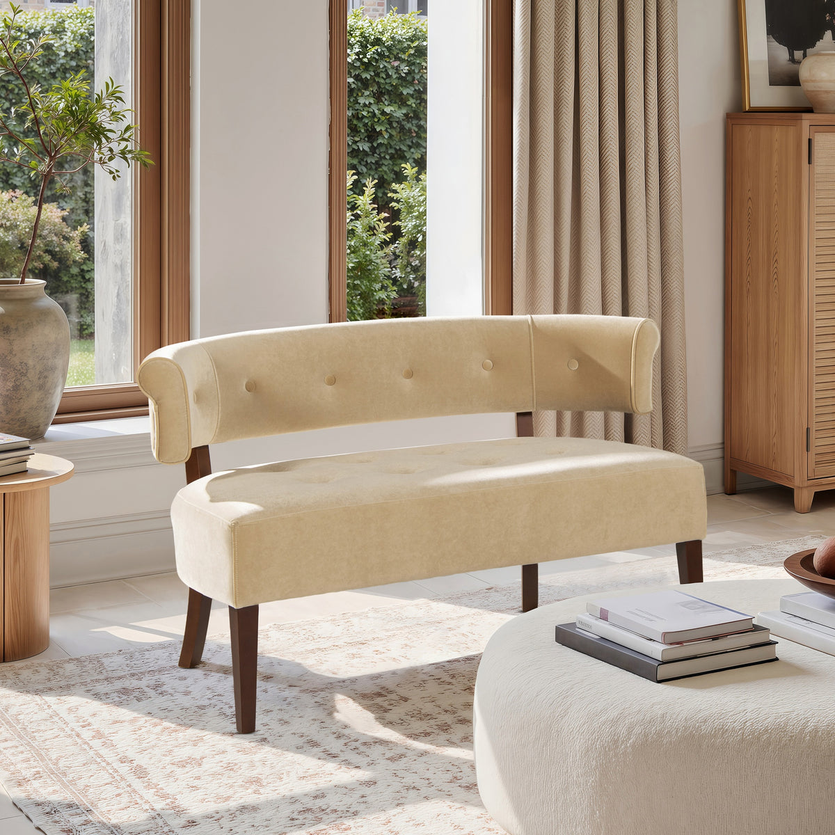 Jared Roll Arm Tufted Bench Settee, Fawn Brown Performance Velvet