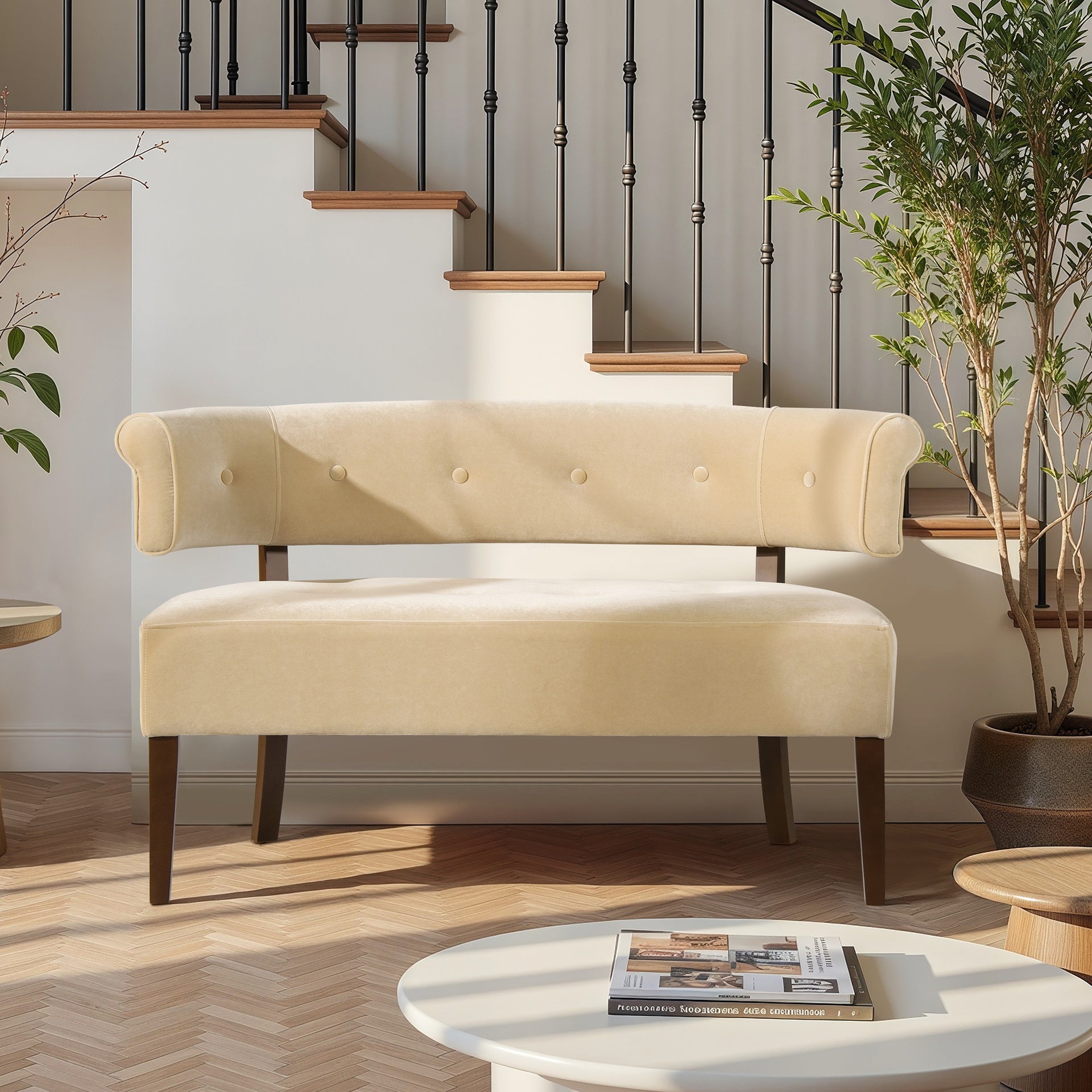 Jared Roll Arm Tufted Bench Settee, Fawn Brown Performance Velvet