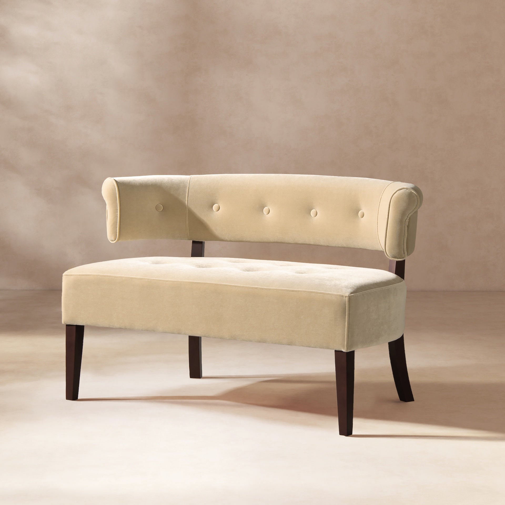 Jared Roll Arm Tufted Bench Settee, Fawn Brown Performance Velvet