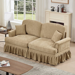 Elegant Mid Century Oversized Large Two Seater Sofa Couch with Flared Arms and Removable Ruffles Pleats Skirts and Spindle Legs, Comfy Chenille Two-Seat Love Seat Sofa for Living Room,Light Coffee