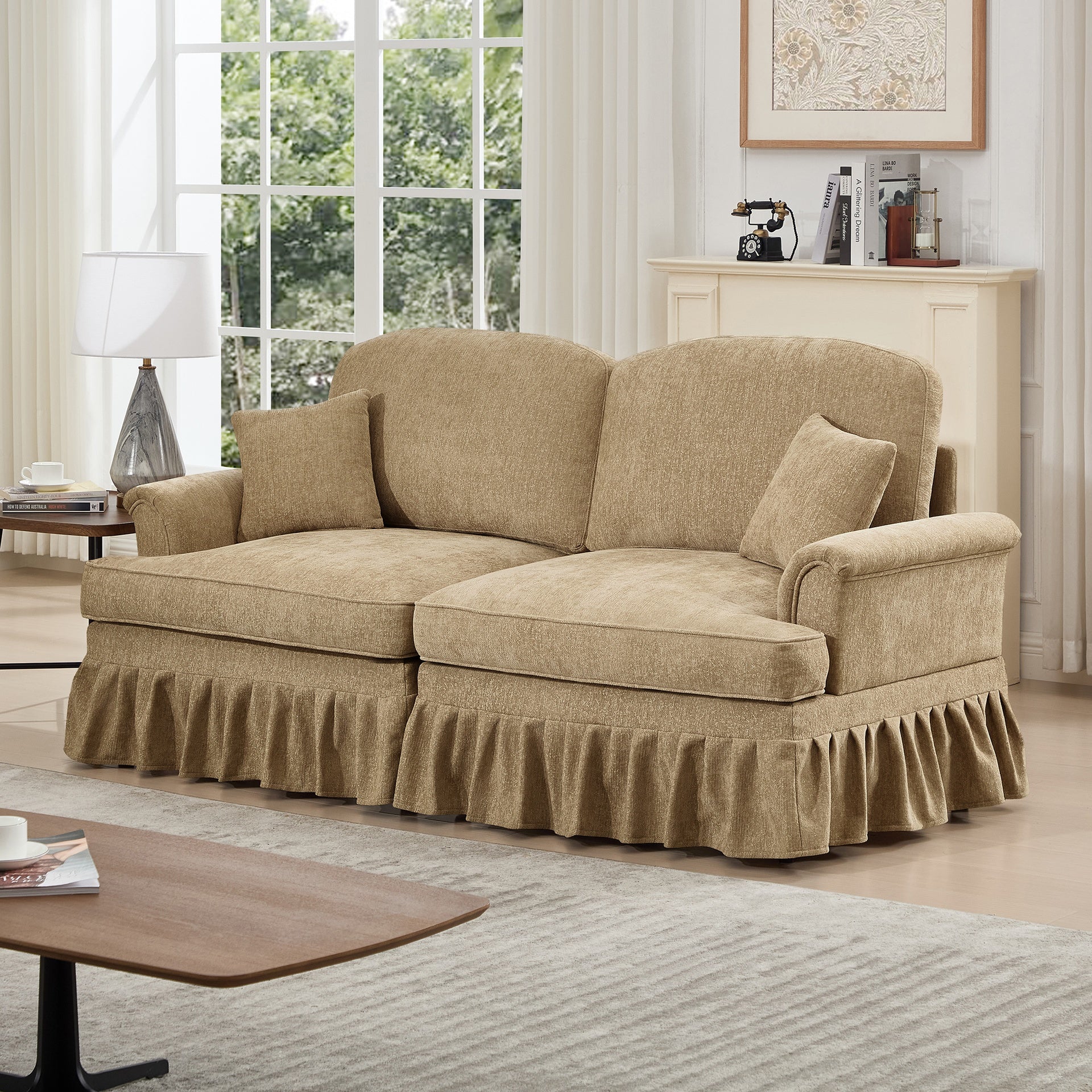 Elegant Mid Century Oversized Large Two Seater Sofa Couch with Flared Arms and Removable Ruffles Pleats Skirts and Spindle Legs, Comfy Chenille Two-Seat Love Seat Sofa for Living Room,Light Coffee