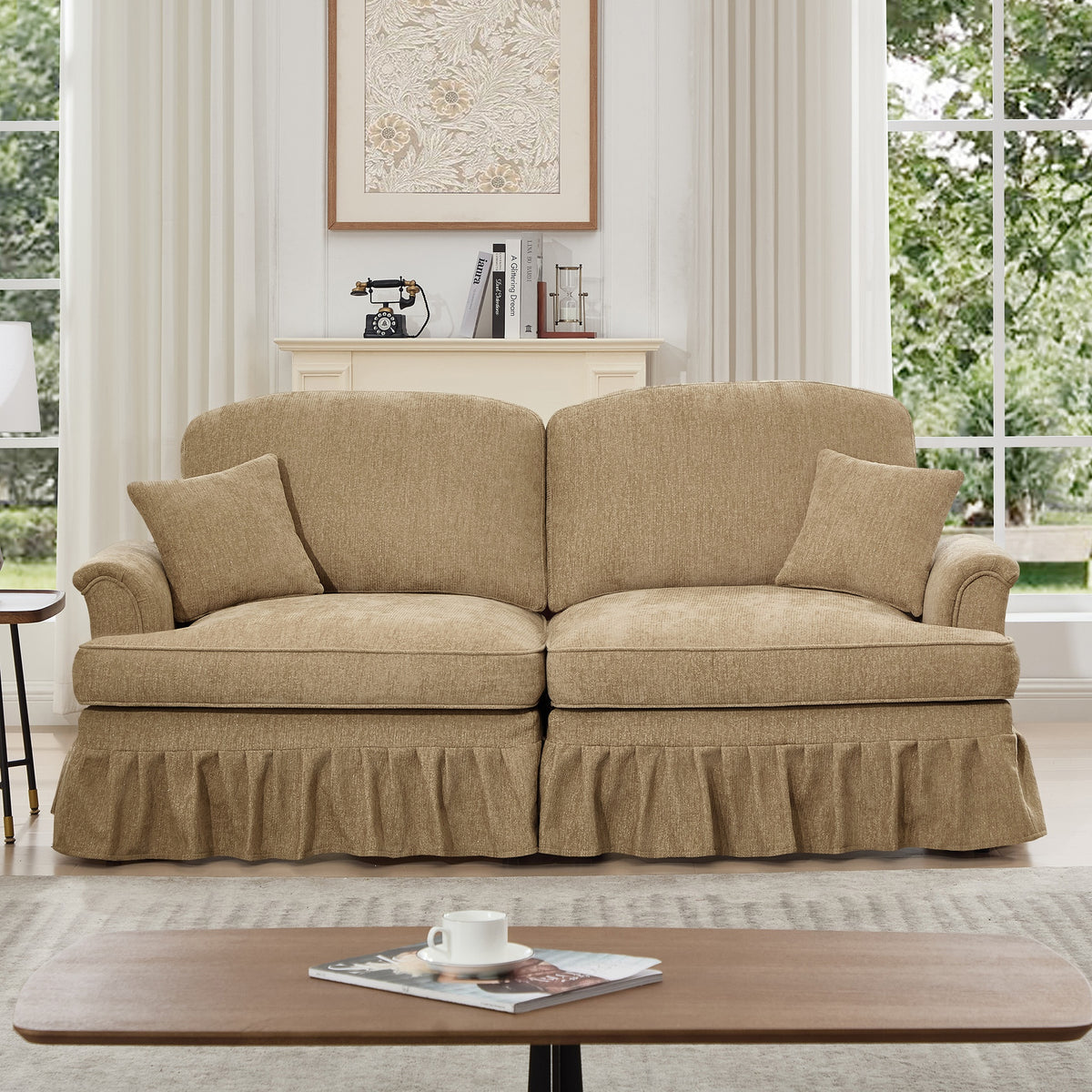 Elegant Mid Century Oversized Large Two Seater Sofa Couch with Flared Arms and Removable Ruffles Pleats Skirts and Spindle Legs, Comfy Chenille Two-Seat Love Seat Sofa for Living Room,Light Coffee