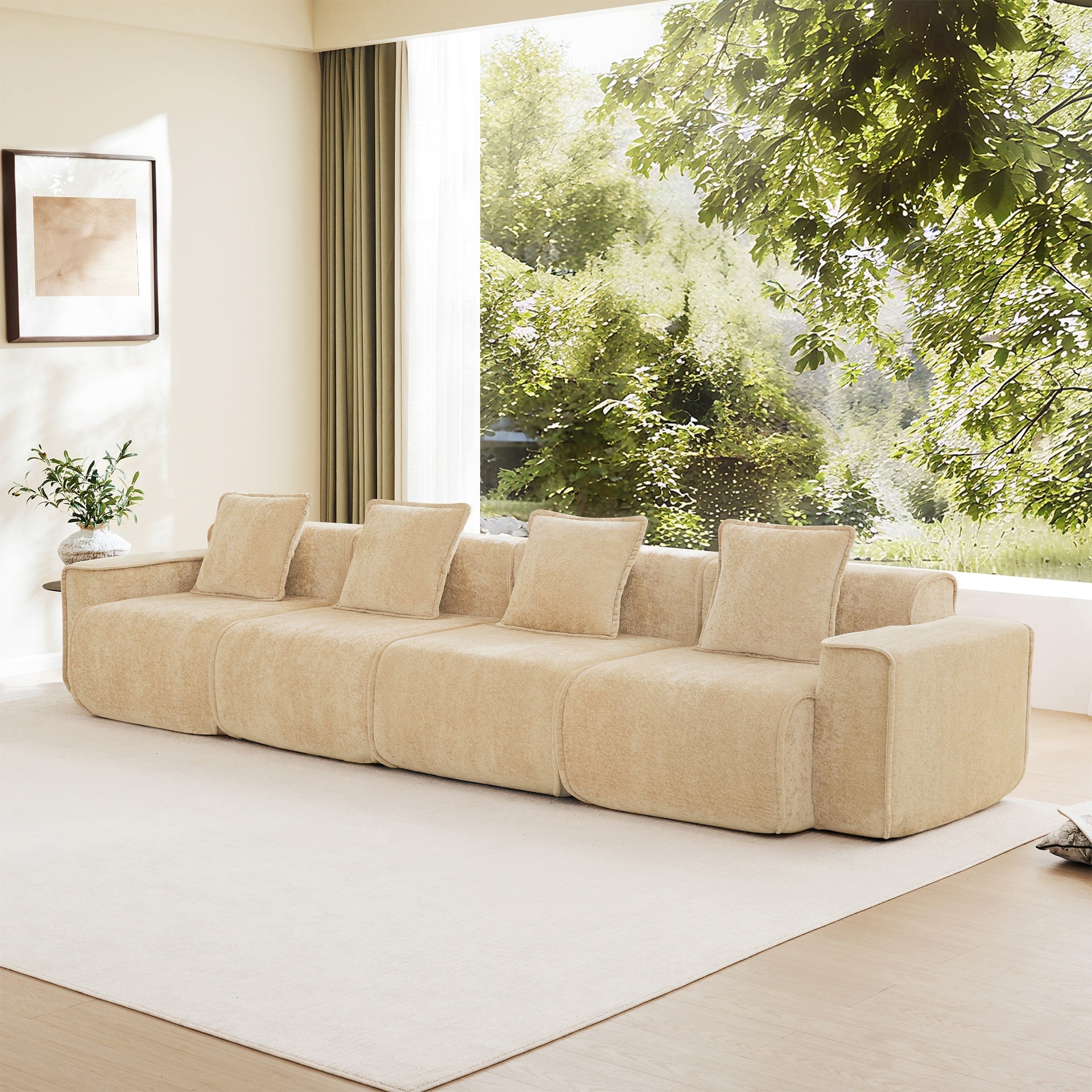 Streamlined Design Deep Seat Modular 4 Seat Boneless Sofa with French Edge Piping,No Assembly Required, Modern Modular 4 - Seat Sofa Couch with Throw Pillows,Velvet Fabric Light Camel