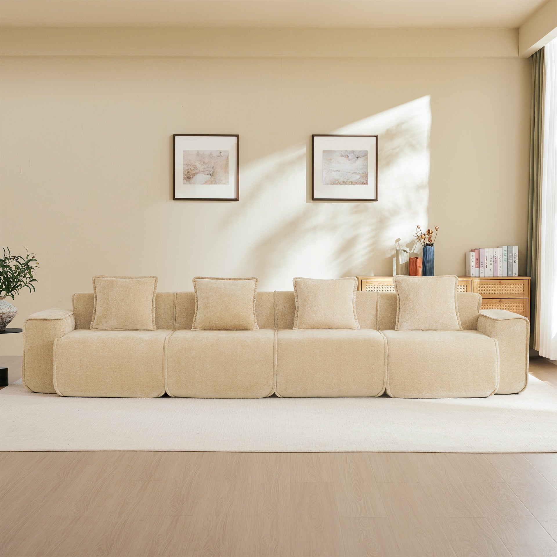 Streamlined Design Deep Seat Modular 4 Seat Boneless Sofa with French Edge Piping,No Assembly Required, Modern Modular 4 - Seat Sofa Couch with Throw Pillows,Velvet Fabric Light Camel