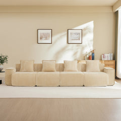 Streamlined Design Deep Seat Modular 4 Seat Boneless Sofa with French Edge Piping,No Assembly Required, Modern Modular 4 - Seat Sofa Couch with Throw Pillows,Velvet Fabric Light Camel