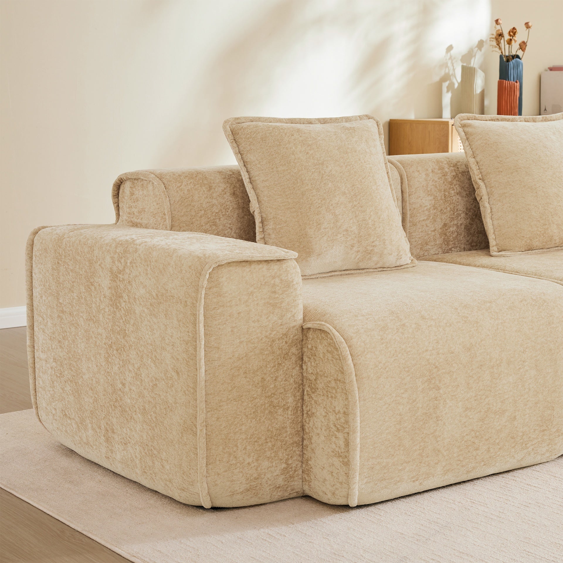 Streamlined Design Deep Seat Modular 4 Seat Boneless Sofa with French Edge Piping,No Assembly Required, Modern Modular 4 - Seat Sofa Couch with Throw Pillows,Velvet Fabric Light Camel