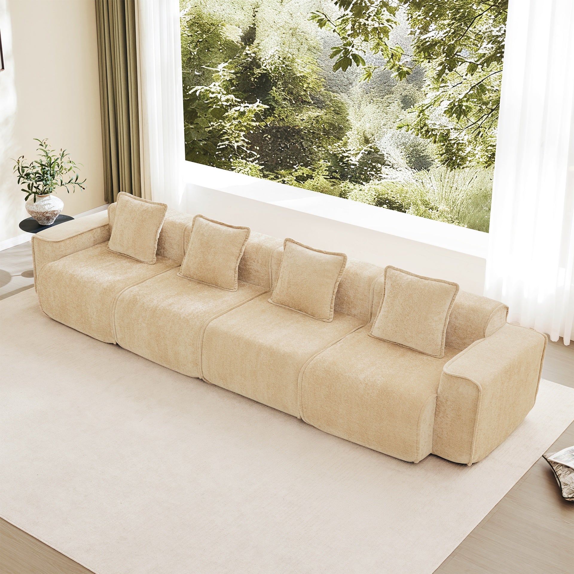 Streamlined Design Deep Seat Modular 4 Seat Boneless Sofa with French Edge Piping,No Assembly Required, Modern Modular 4 - Seat Sofa Couch with Throw Pillows,Velvet Fabric Light Camel