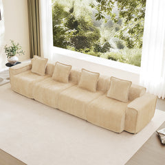 Streamlined Design Deep Seat Modular 4 Seat Boneless Sofa with French Edge Piping,No Assembly Required, Modern Modular 4 - Seat Sofa Couch with Throw Pillows,Velvet Fabric Light Camel
