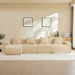 Streamlined Design Modular 4 Seat L Shape Sectional Boneless Sofa with French Edge Piping, No Assembly Required, 4-Seat Sofa Couch with Throw Pillows and 1 Movable Ottoman, Velvet Fabric Light Camel