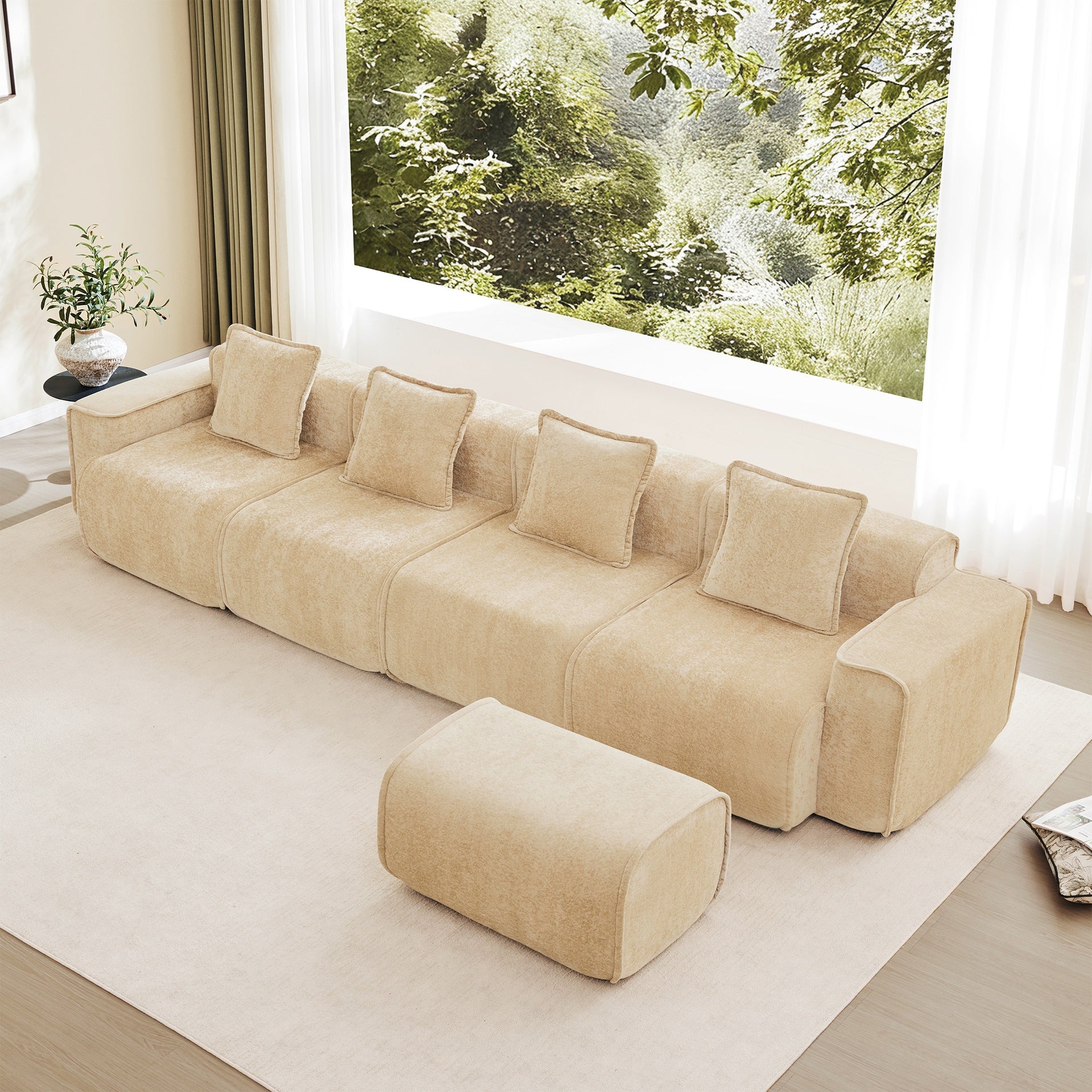Streamlined Design Modular 4 Seat L Shape Sectional Boneless Sofa with French Edge Piping, No Assembly Required, 4-Seat Sofa Couch with Throw Pillows and 1 Movable Ottoman, Velvet Fabric Light Camel