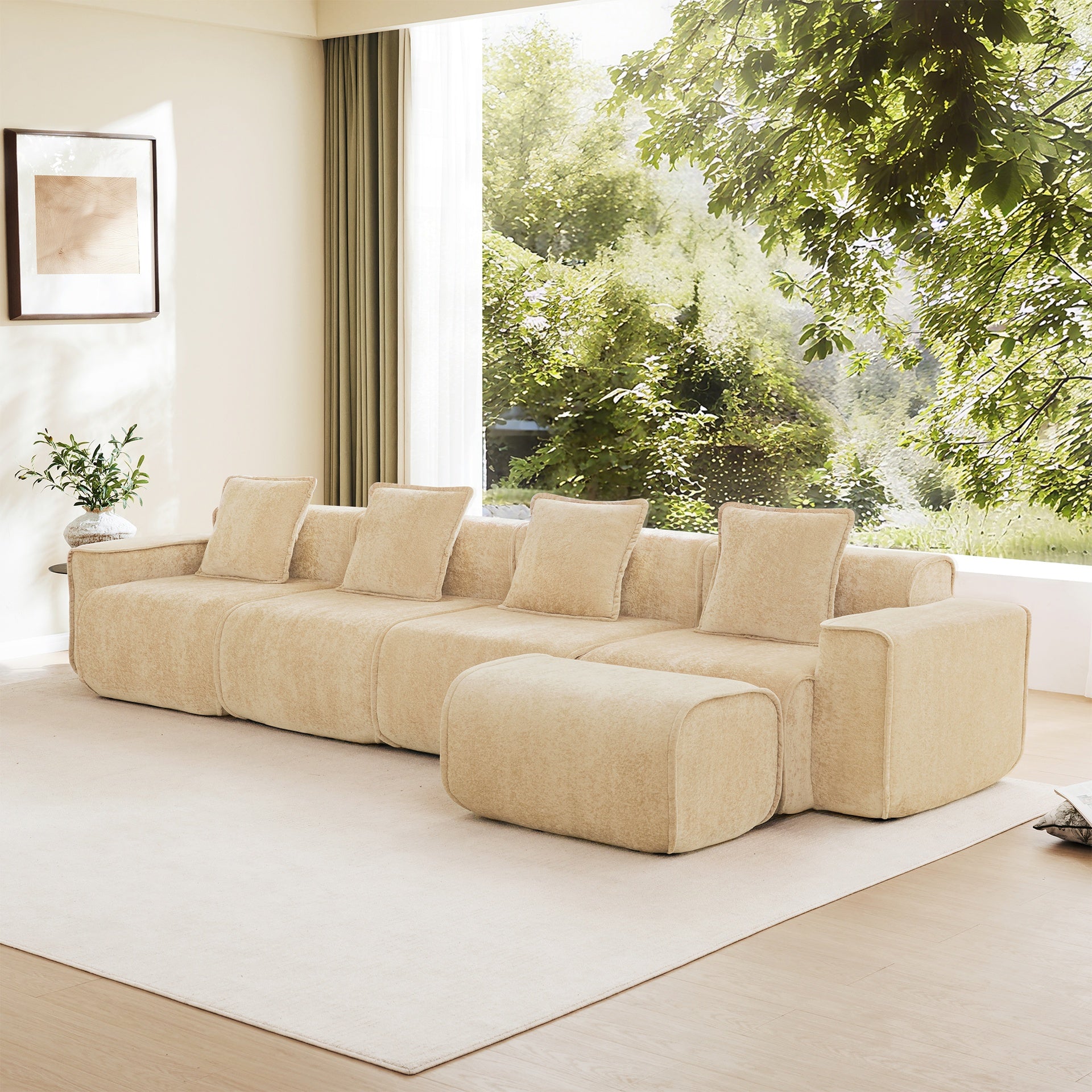 Streamlined Design Modular 4 Seat L Shape Sectional Boneless Sofa with French Edge Piping, No Assembly Required, 4-Seat Sofa Couch with Throw Pillows and 1 Movable Ottoman, Velvet Fabric Light Camel