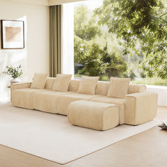 Streamlined Design Modular 4 Seat L Shape Sectional Boneless Sofa with French Edge Piping, No Assembly Required, 4-Seat Sofa Couch with Throw Pillows and 1 Movable Ottoman, Velvet Fabric Light Camel