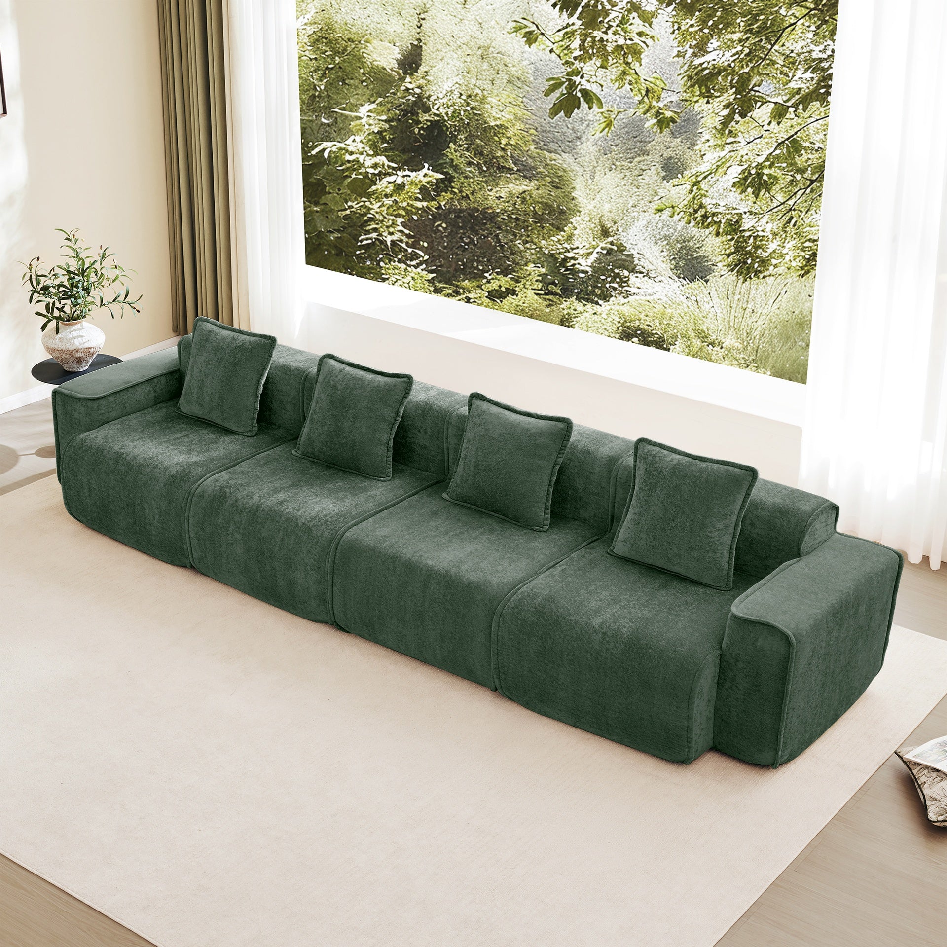 Streamlined Design Deep Seat Modular 4 Seat Boneless Sofa with French Edge Piping,No Assembly Required, Modern Modular 4 - Seat Sofa Couch with Throw Pillows,Velvet Fabric Green