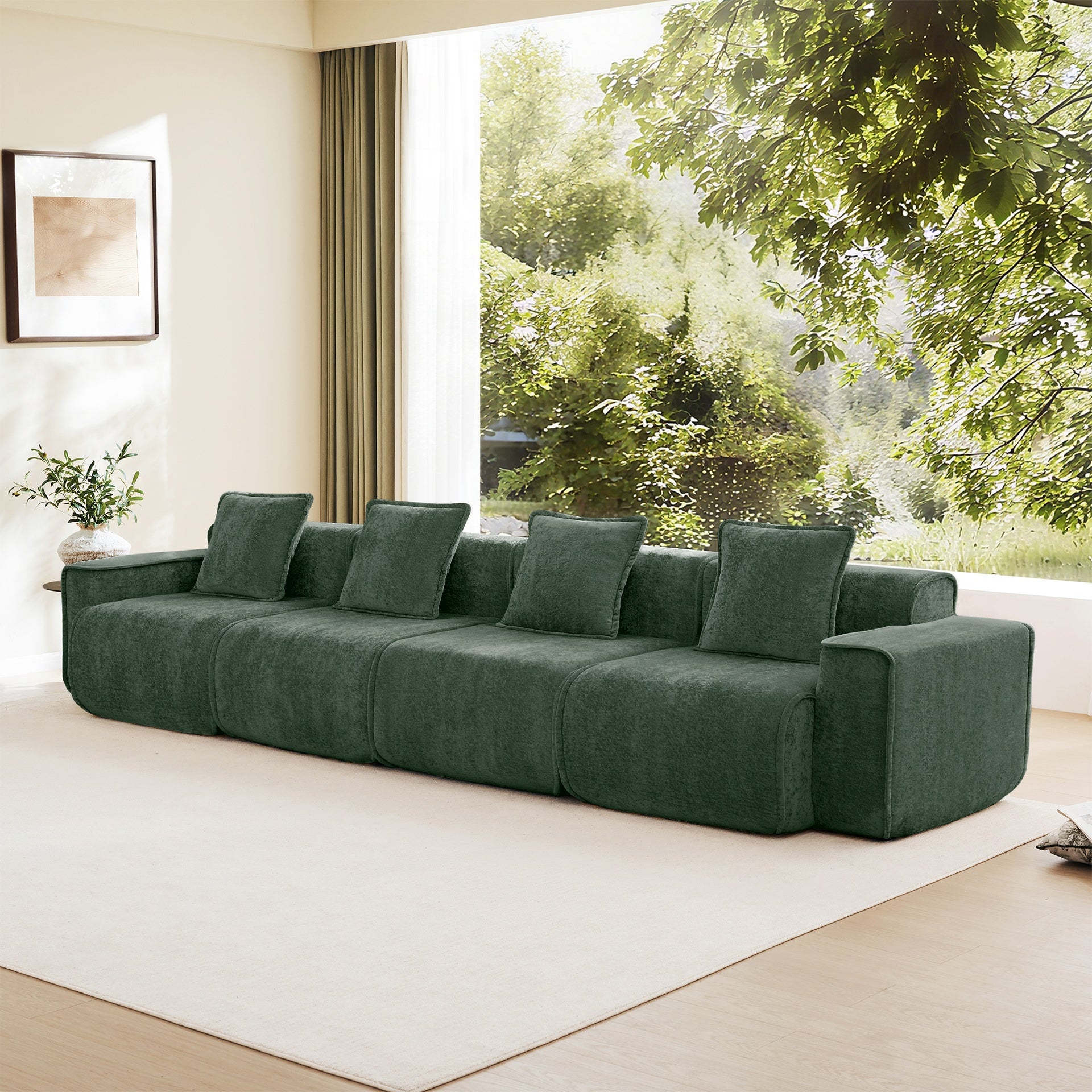 Streamlined Design Deep Seat Modular 4 Seat Boneless Sofa with French Edge Piping,No Assembly Required, Modern Modular 4 - Seat Sofa Couch with Throw Pillows,Velvet Fabric Green