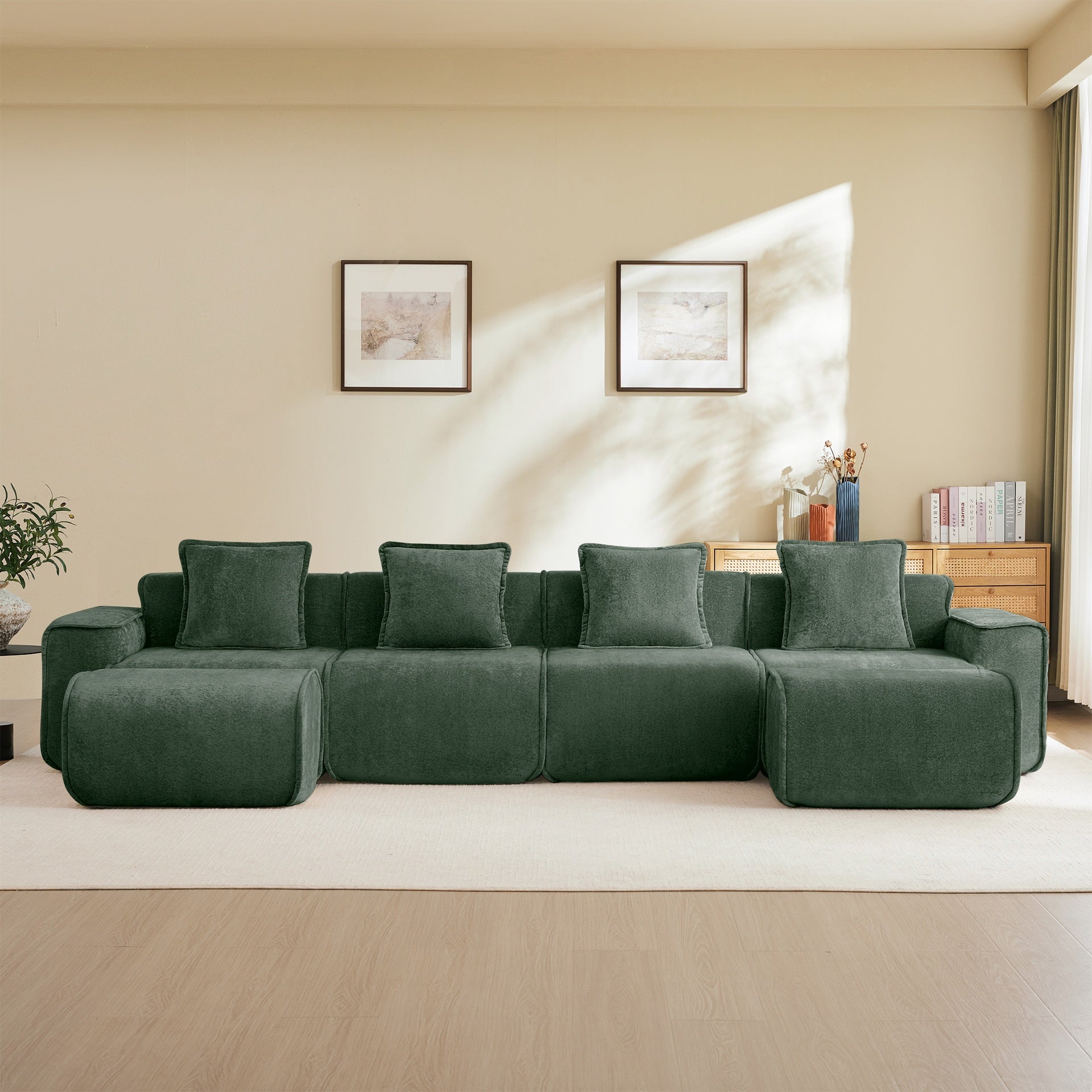 Streamlined Design Modular 4 Seat U Shape Sectional Boneless Sofa with French Edge Piping, No Assembly Required,4-Seat Sofa Couch with Throw Pillows and 2 Movable Ottomans, Velvet Fabric Green