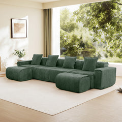 Streamlined Design Modular 4 Seat U Shape Sectional Boneless Sofa with French Edge Piping, No Assembly Required,4-Seat Sofa Couch with Throw Pillows and 2 Movable Ottomans, Velvet Fabric Green