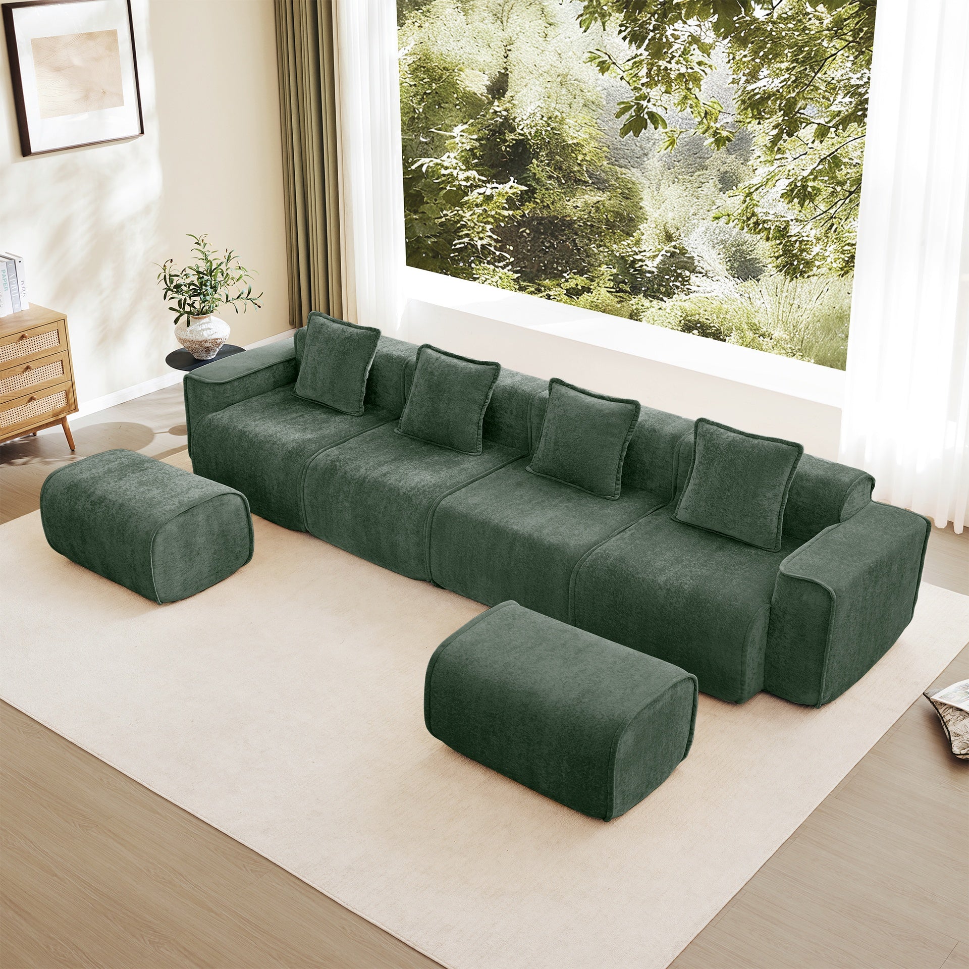 Streamlined Design Modular 4 Seat U Shape Sectional Boneless Sofa with French Edge Piping, No Assembly Required,4-Seat Sofa Couch with Throw Pillows and 2 Movable Ottomans, Velvet Fabric Green