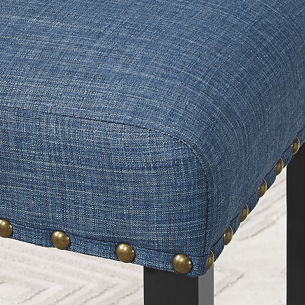 Biony Espresso Wood Counter Height Dining Set with Blue Fabric Nailhead Stools