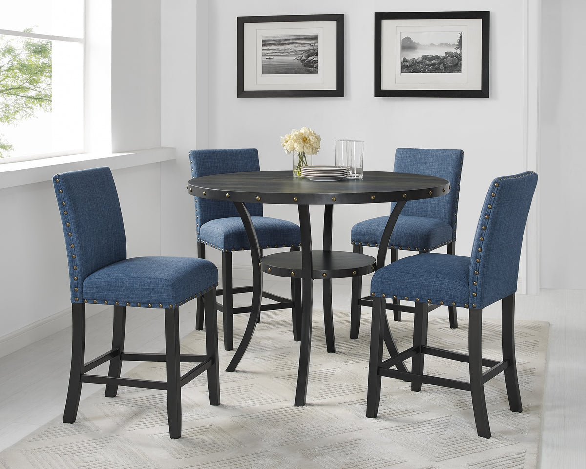 Biony Espresso Wood Counter Height Dining Set with Blue Fabric Nailhead Stools