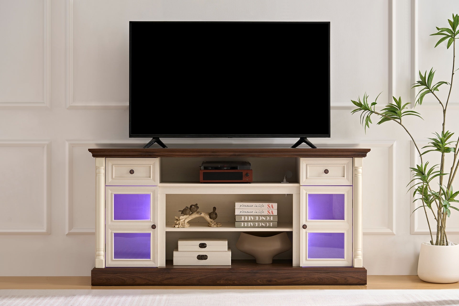 Farmhouse Fireplace TV Stand with Roman Column Styling, Up to 80-inch TV, 70-inch Modern Tall Entertainment Center with LED Lights, Living Room Media Console