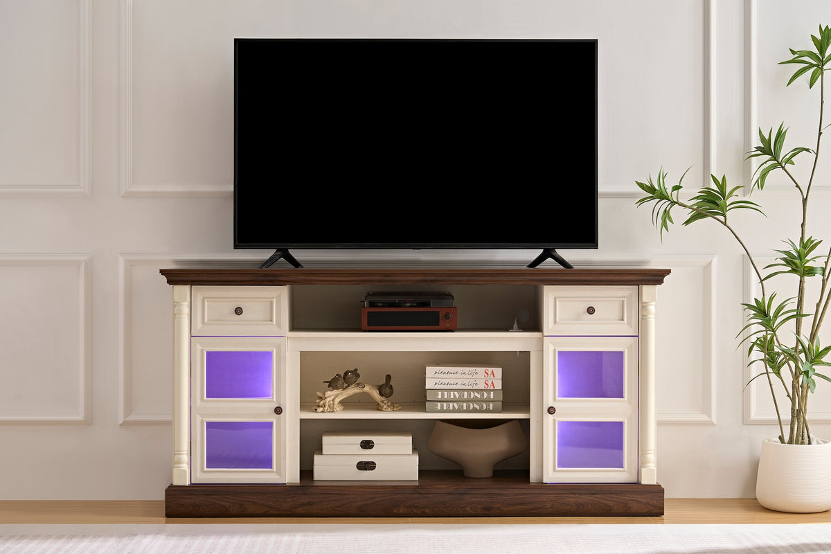 Farmhouse Fireplace TV Stand with Roman Column Styling, Up to 80-inch TV, 70-inch Modern Tall Entertainment Center with LED Lights, Living Room Media Console