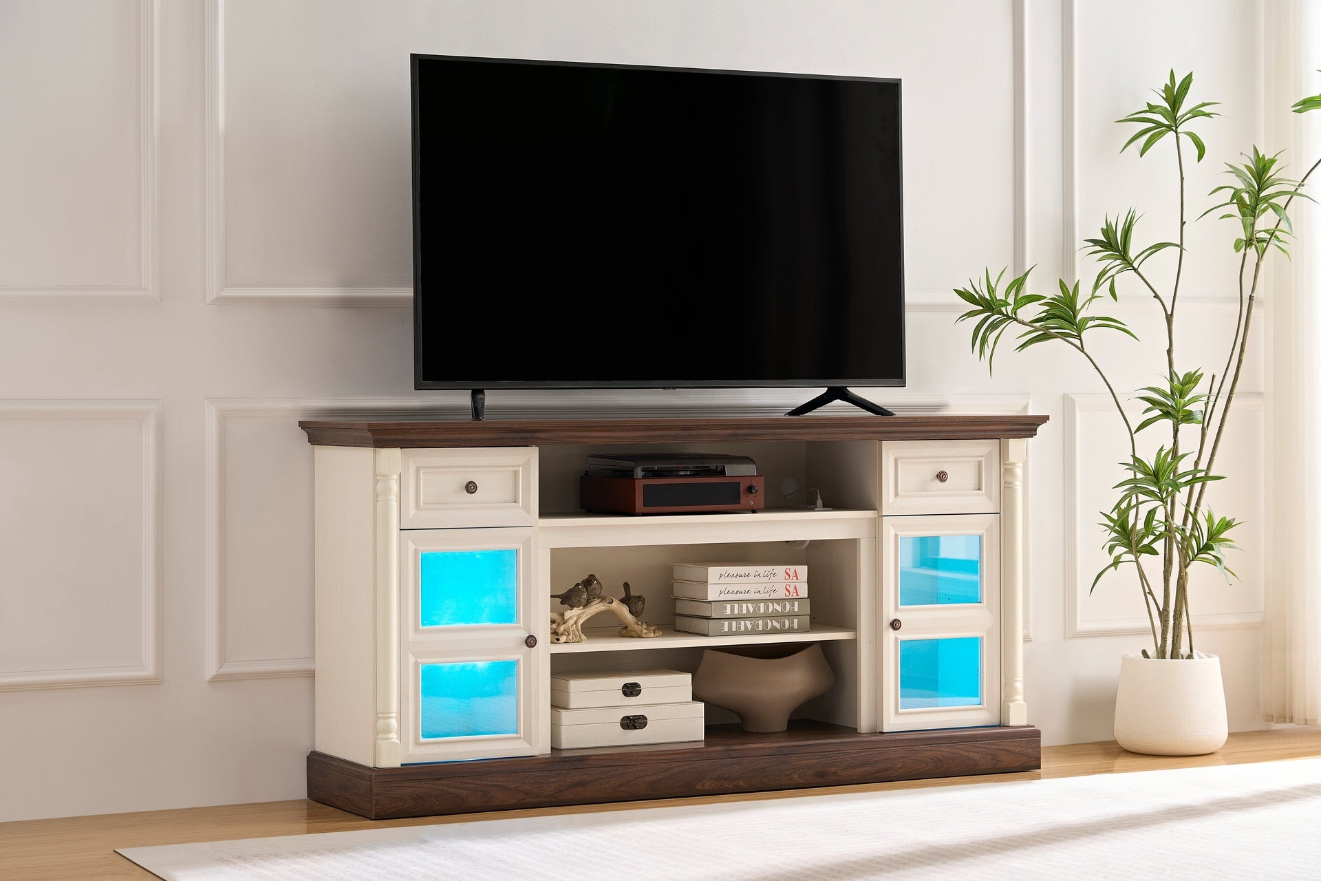 Farmhouse Fireplace TV Stand with Roman Column Styling, Up to 80-inch TV, 70-inch Modern Tall Entertainment Center with LED Lights, Living Room Media Console