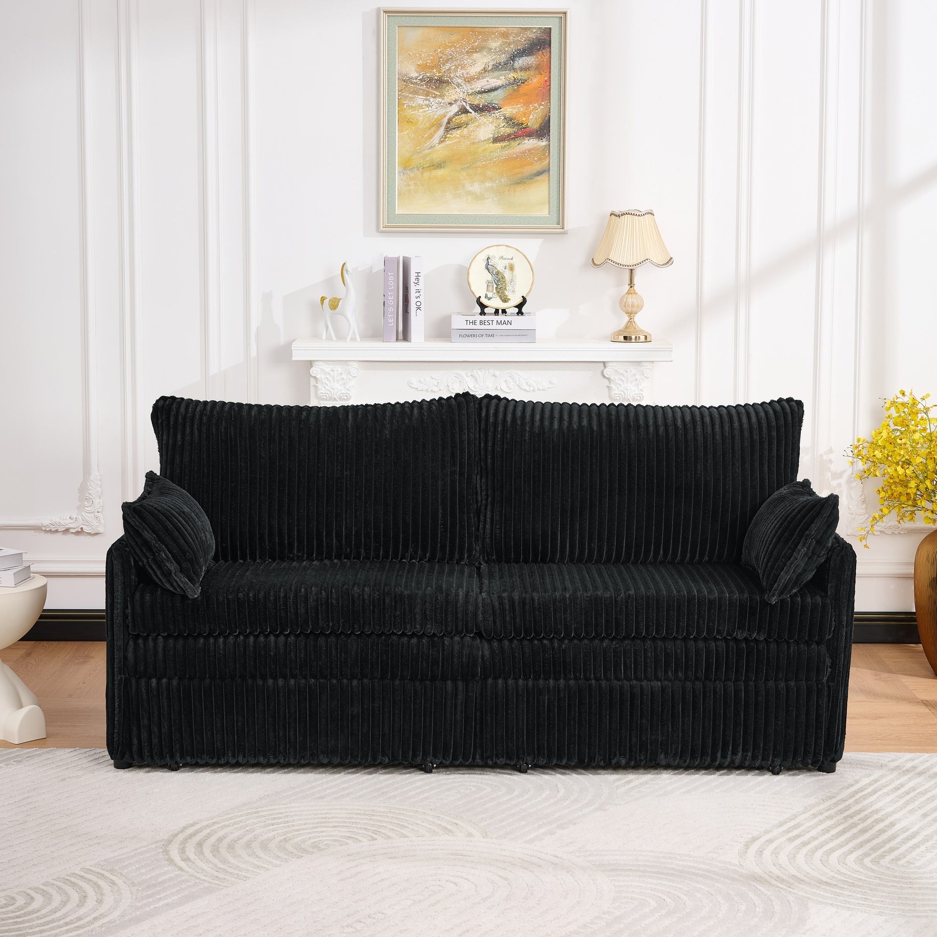 73"Convertible Sofa Bed,Pull Out Bed,3-in-1 Sofa with Side Pocket& USB Ports,Modern Corduroy Couch for Living Room, Small Space, Apartment, Bedroom, Black