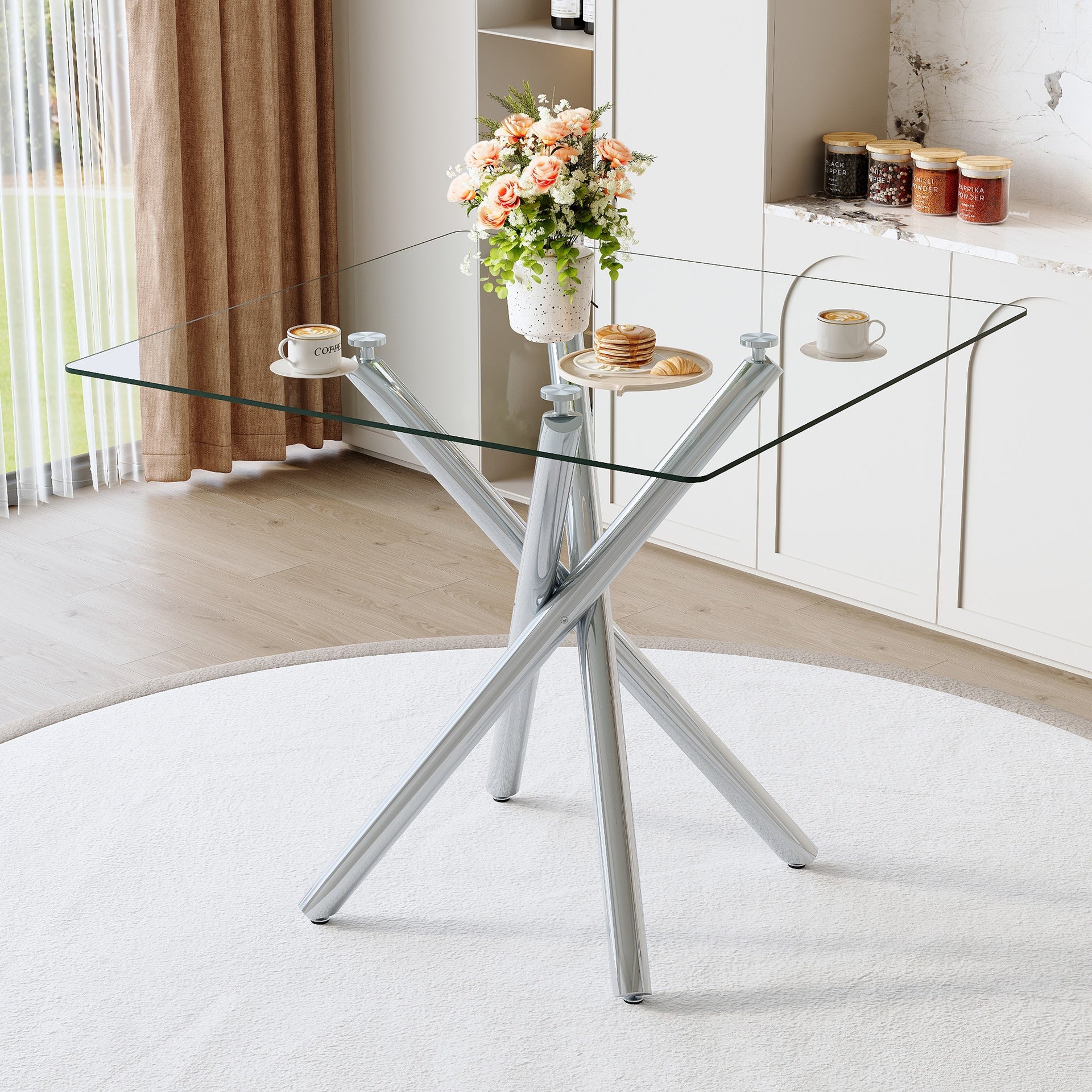 Modern Electroplated Metal Leg Bar Table with Tempered Glass Top, Sturdy Cross-Leg Pub Table for Home Bar, Kitchen Island, Living Room
