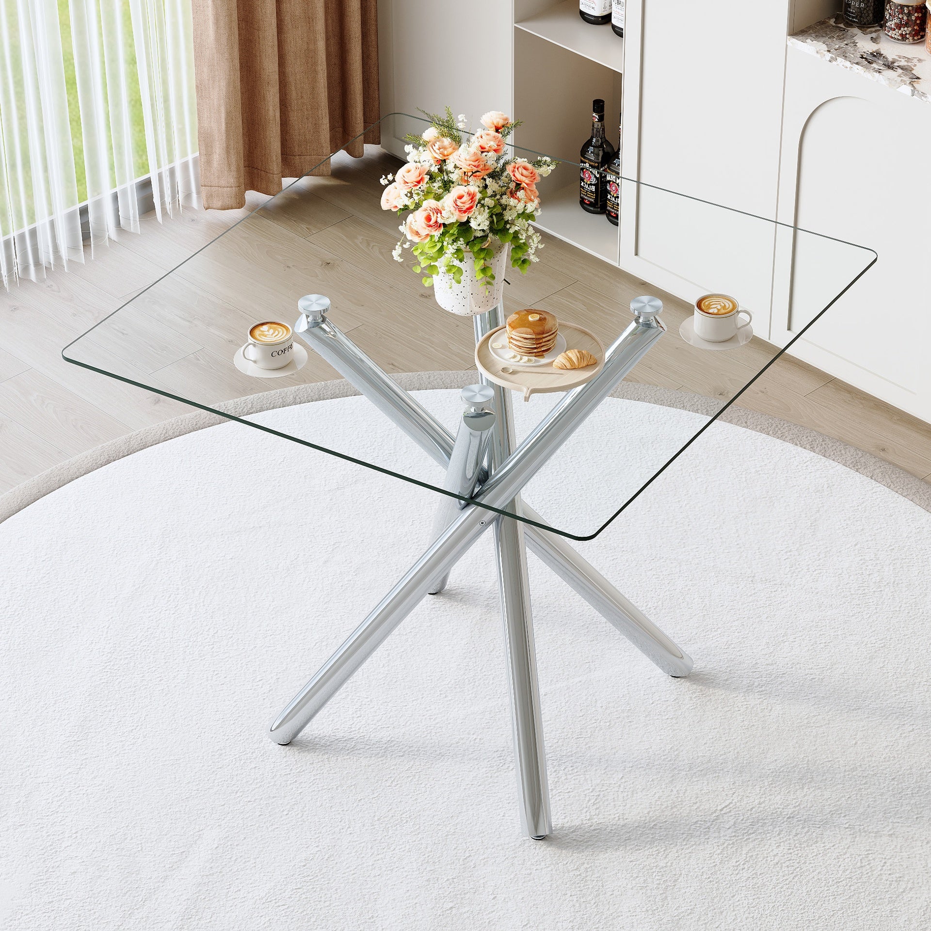 Modern Electroplated Metal Leg Bar Table with Tempered Glass Top, Sturdy Cross-Leg Pub Table for Home Bar, Kitchen Island, Living Room