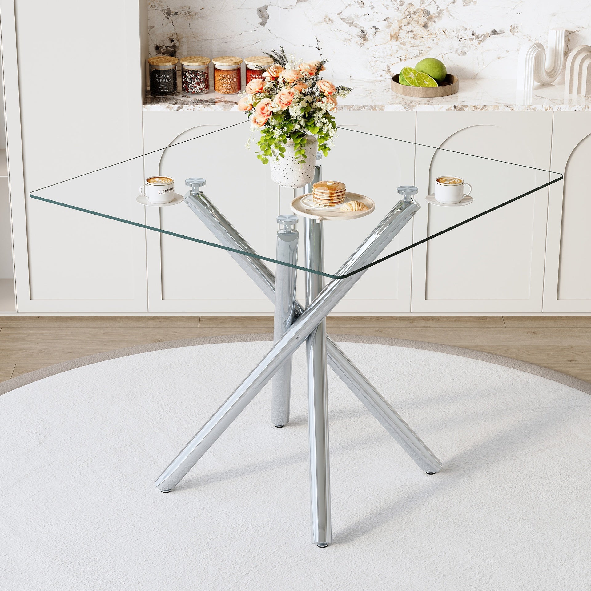 Modern Electroplated Metal Leg Bar Table with Tempered Glass Top, Sturdy Cross-Leg Pub Table for Home Bar, Kitchen Island, Living Room