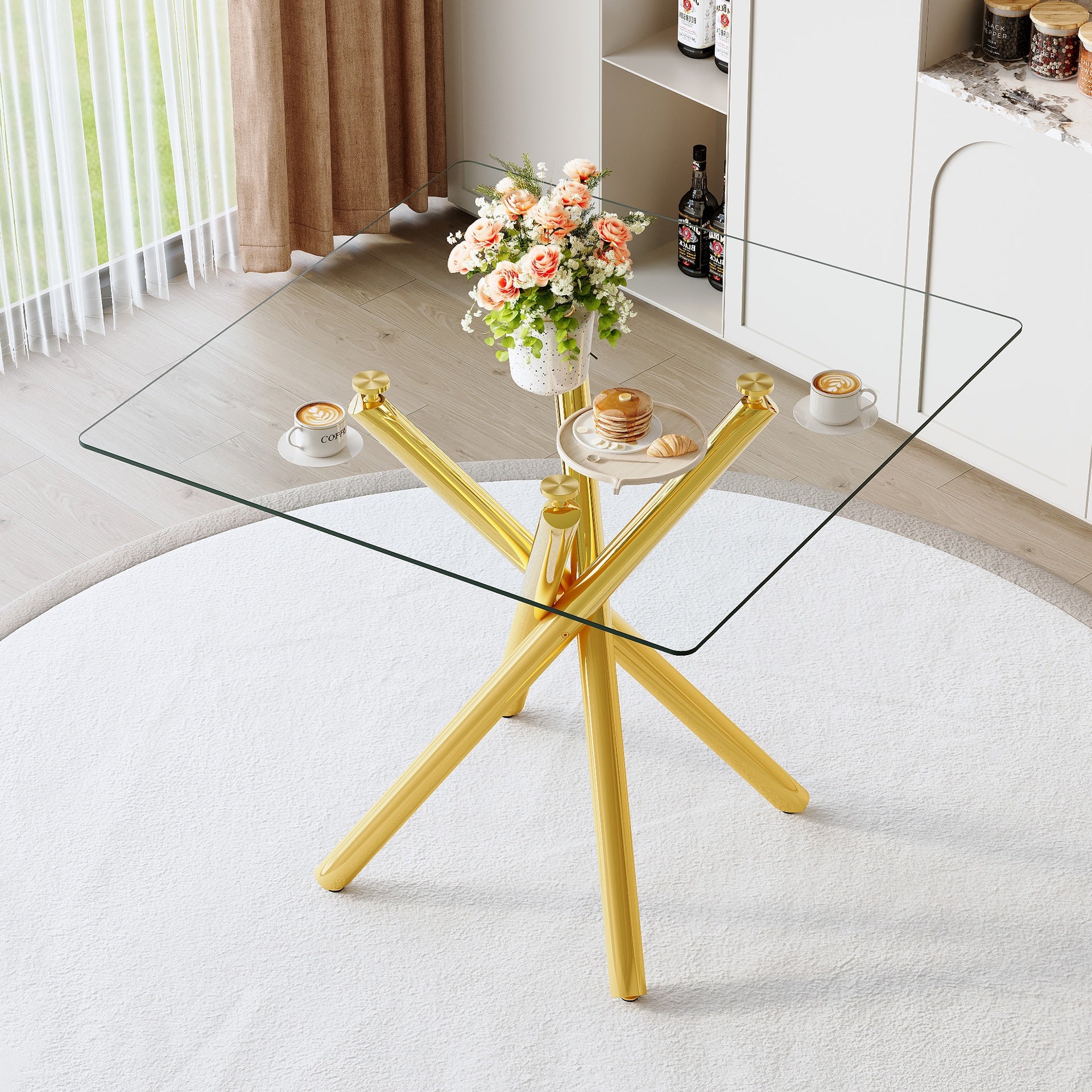 Modern Gold Bar Table with Tempered Glass Top, Sturdy Cross Metal Legs Pub Table for Home Bar, Kitchen Island, Living Room