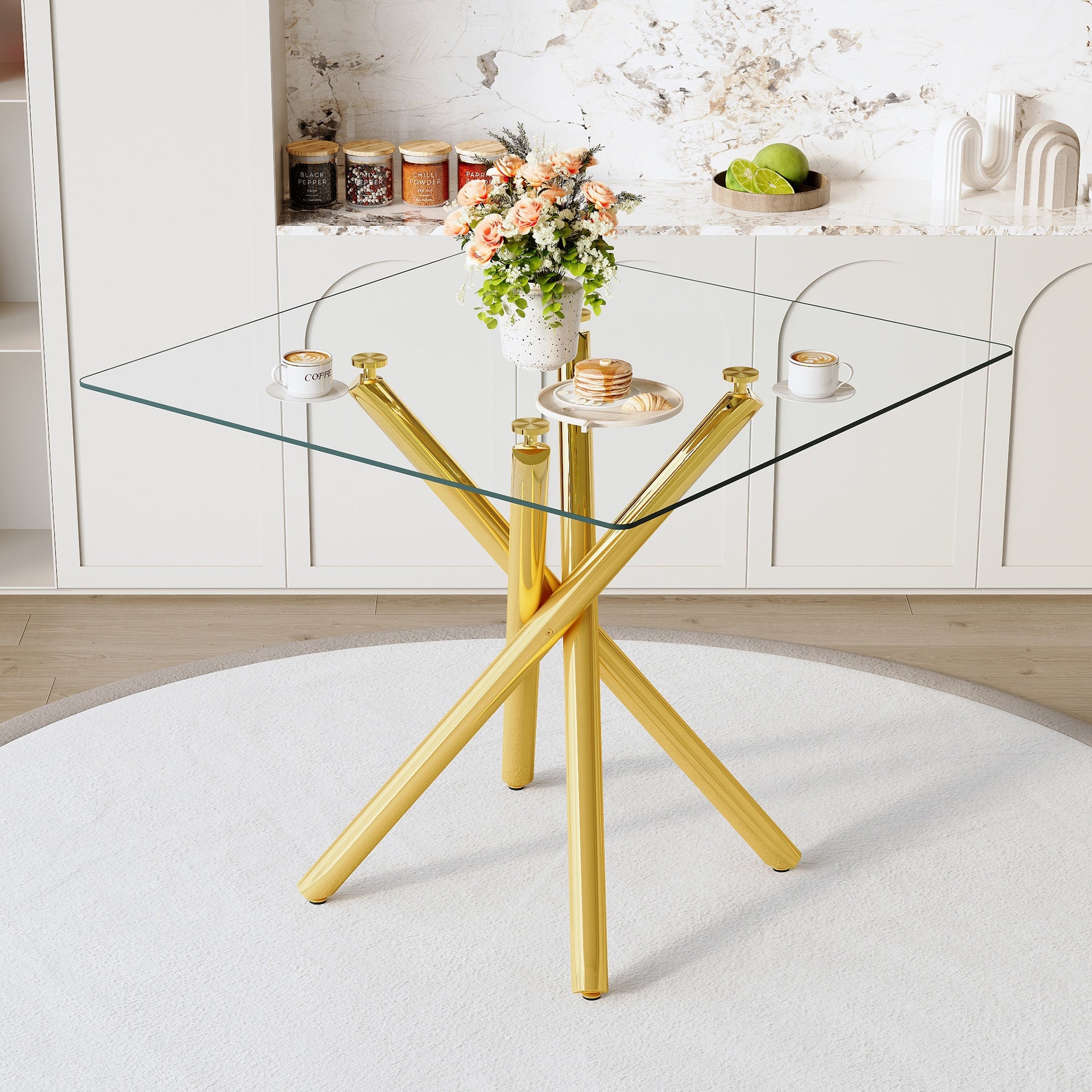 Modern Gold Bar Table with Tempered Glass Top, Sturdy Cross Metal Legs Pub Table for Home Bar, Kitchen Island, Living Room