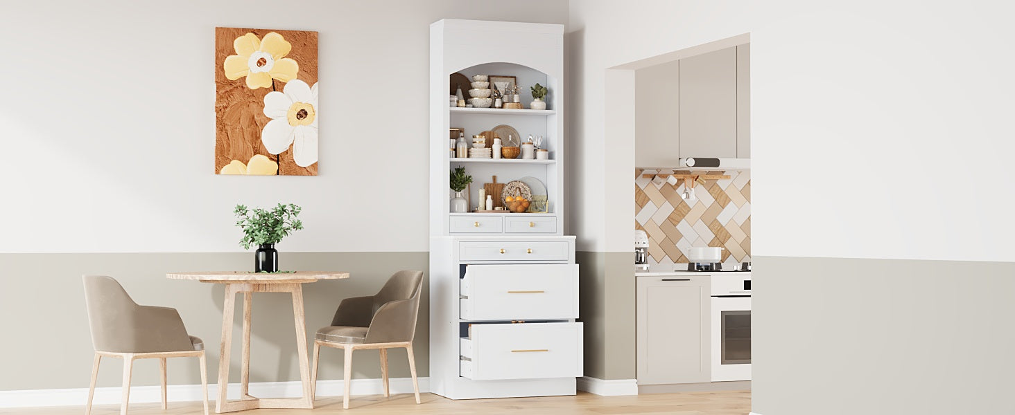 [Assembly Video Provided] TOPMAX Modern 83.7inch High Kitchen Pantry, Freestanding Tall Kitchen Hutch with Faux Marble Top, Display Cupboard Cabinet with 5 Storage Drawers and Adjustable Shelf, White
