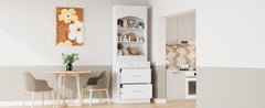[Assembly Video Provided] TOPMAX Modern 83.7inch High Kitchen Pantry, Freestanding Tall Kitchen Hutch with Faux Marble Top, Display Cupboard Cabinet with 5 Storage Drawers and Adjustable Shelf, White