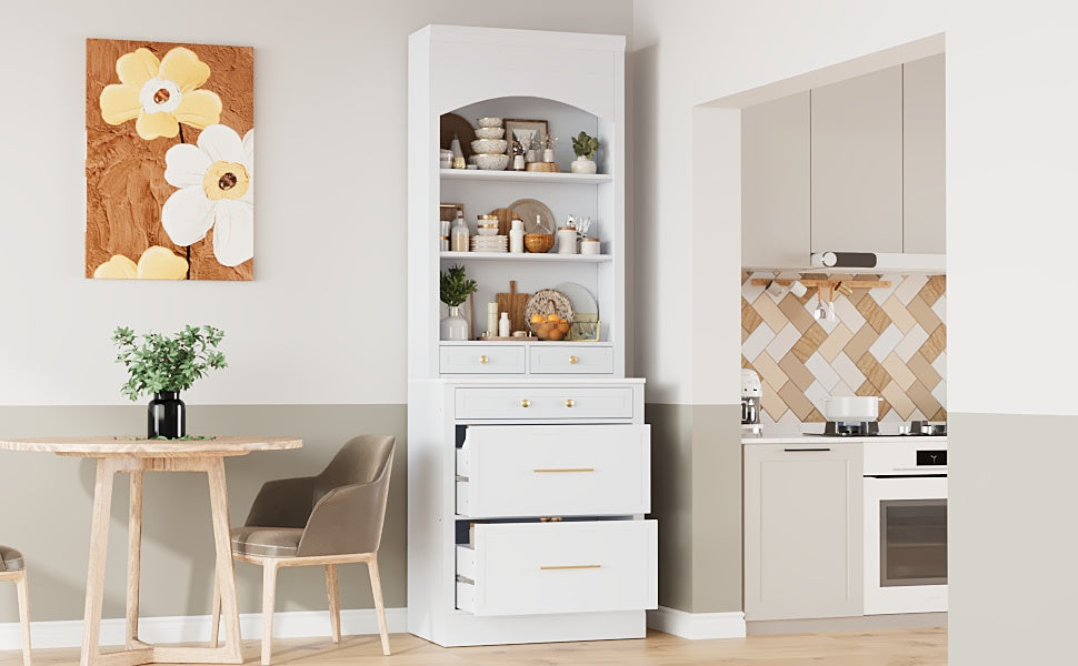 [Assembly Video Provided] TOPMAX Modern 83.7inch High Kitchen Pantry, Freestanding Tall Kitchen Hutch with Faux Marble Top, Display Cupboard Cabinet with 5 Storage Drawers and Adjustable Shelf, White