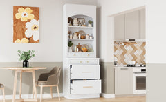[Assembly Video Provided] TOPMAX Modern 83.7inch High Kitchen Pantry, Freestanding Tall Kitchen Hutch with Faux Marble Top, Display Cupboard Cabinet with 5 Storage Drawers and Adjustable Shelf, White