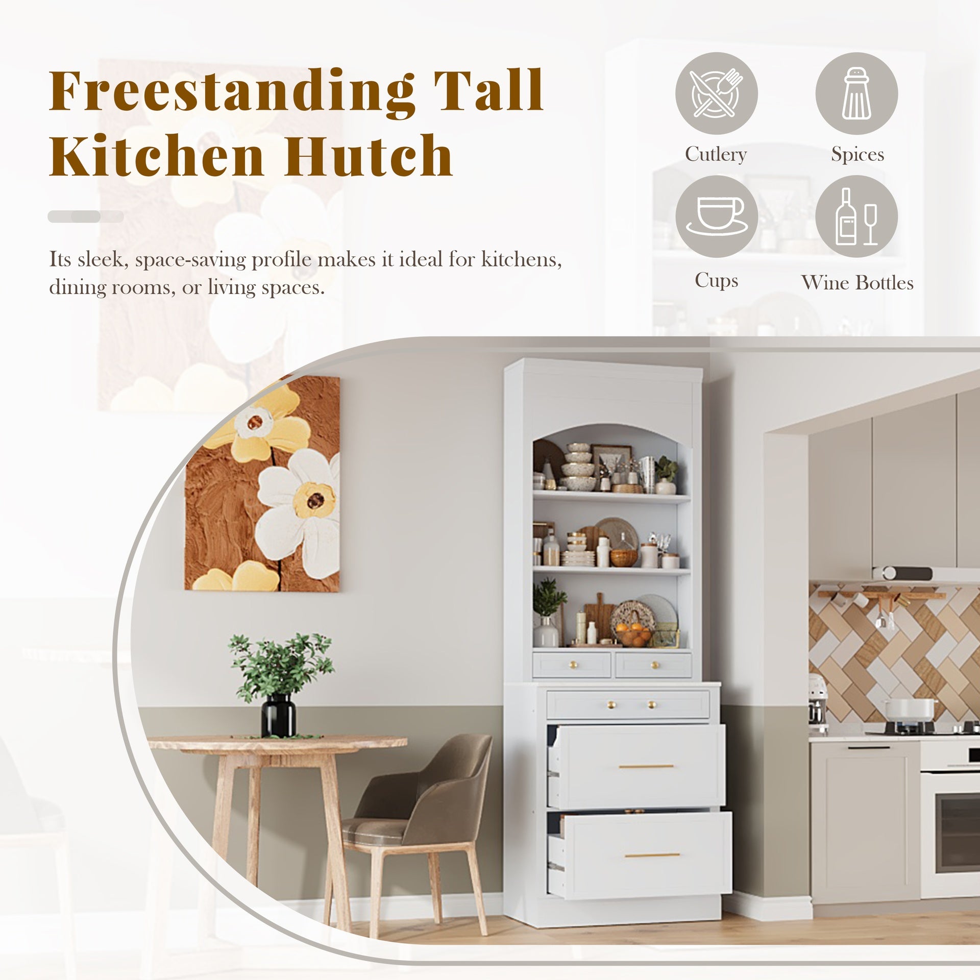 [Assembly Video Provided] TOPMAX Modern 83.7inch High Kitchen Pantry, Freestanding Tall Kitchen Hutch with Faux Marble Top, Display Cupboard Cabinet with 5 Storage Drawers and Adjustable Shelf, White
