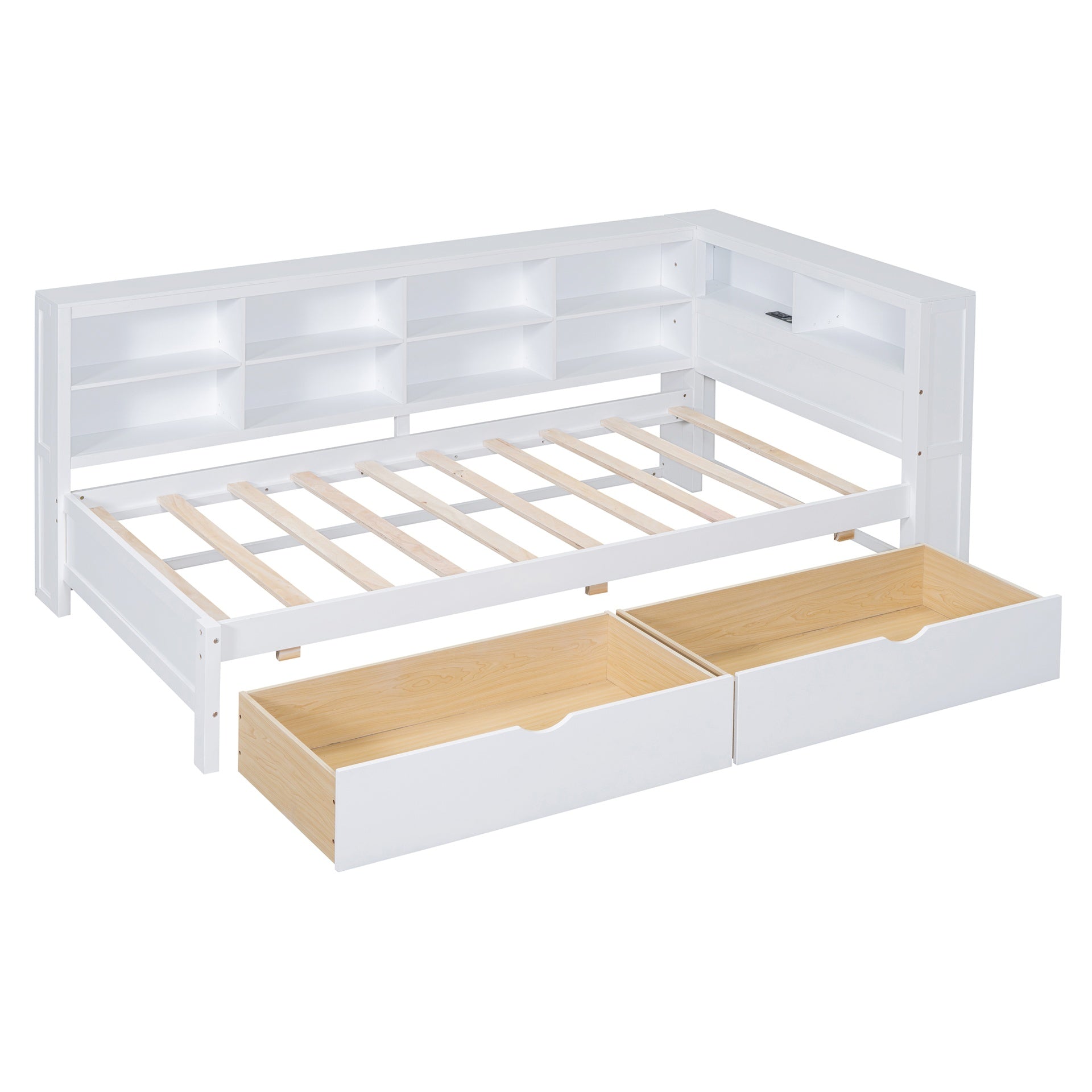 Wooden Twin Size DayBed with 2 Drawers, DayBed with Storage Shelf and USB Charging Ports,White