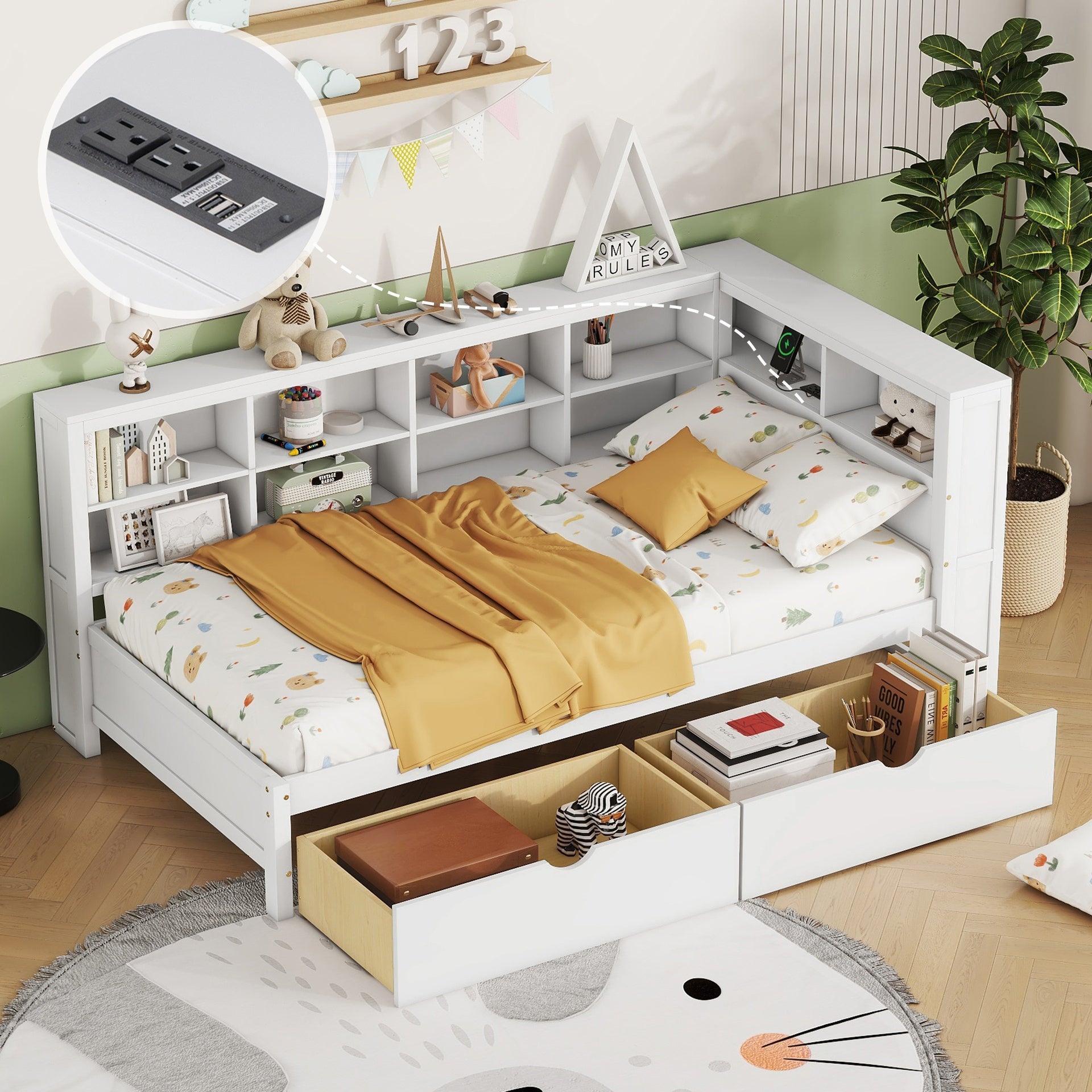 Wooden Twin Size DayBed with 2 Drawers, DayBed with Storage Shelf and USB Charging Ports,White