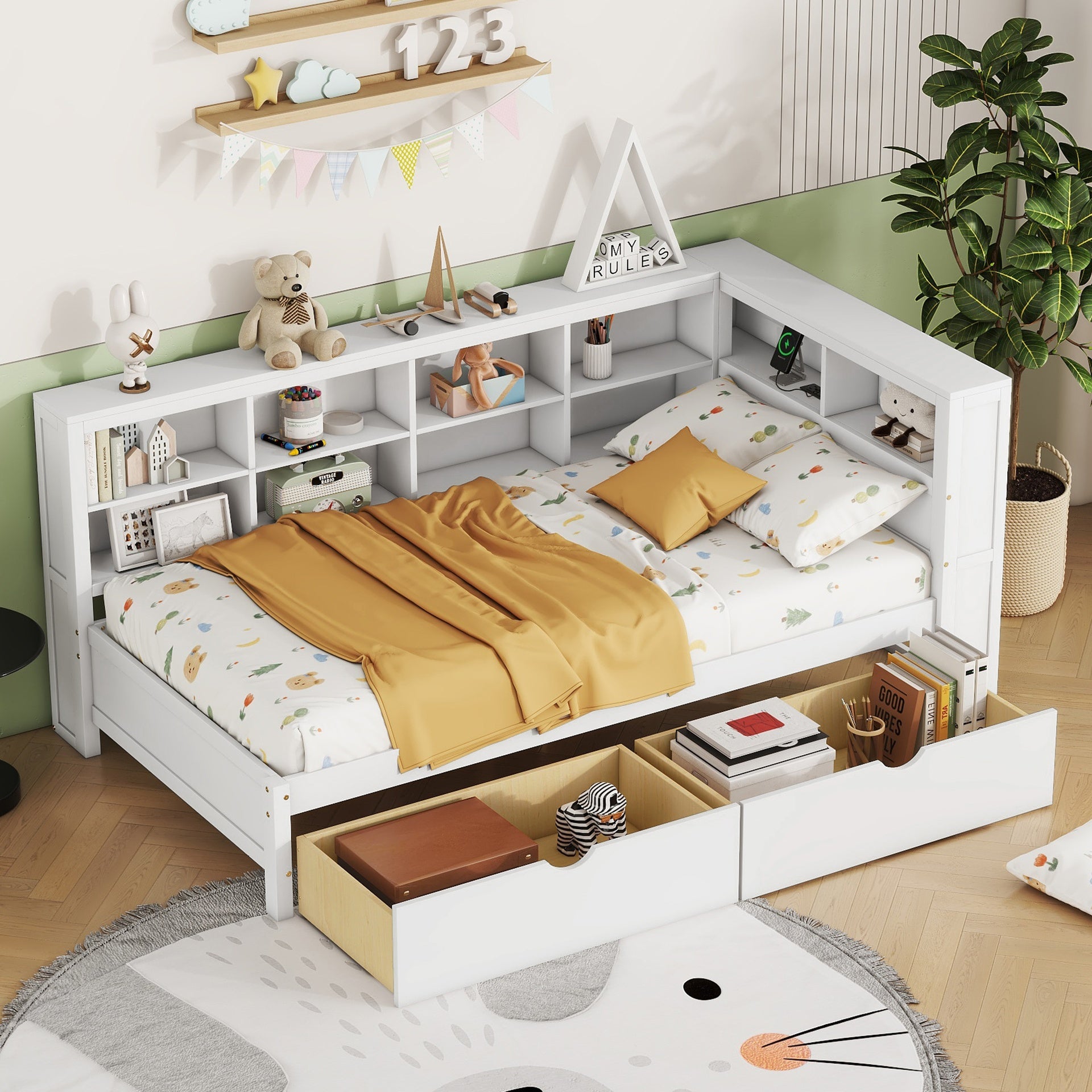 Wooden Twin Size DayBed with 2 Drawers, DayBed with Storage Shelf and USB Charging Ports,White