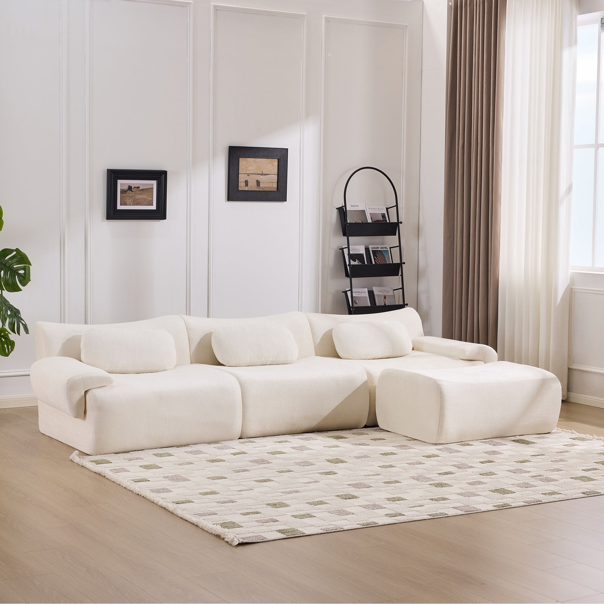 Modular Combination, Bamboo Joint Shape, Armchair, Extra-Large Compression & 3+1 Seater Chenille Deep-Seat (with 3 Pillows) All Fit Living Room/Bedroom