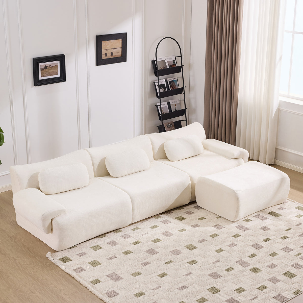 Modular Combination, Bamboo Joint Shape, Armchair, Extra-Large Compression & 3+1 Seater Chenille Deep-Seat (with 3 Pillows) All Fit Living Room/Bedroom