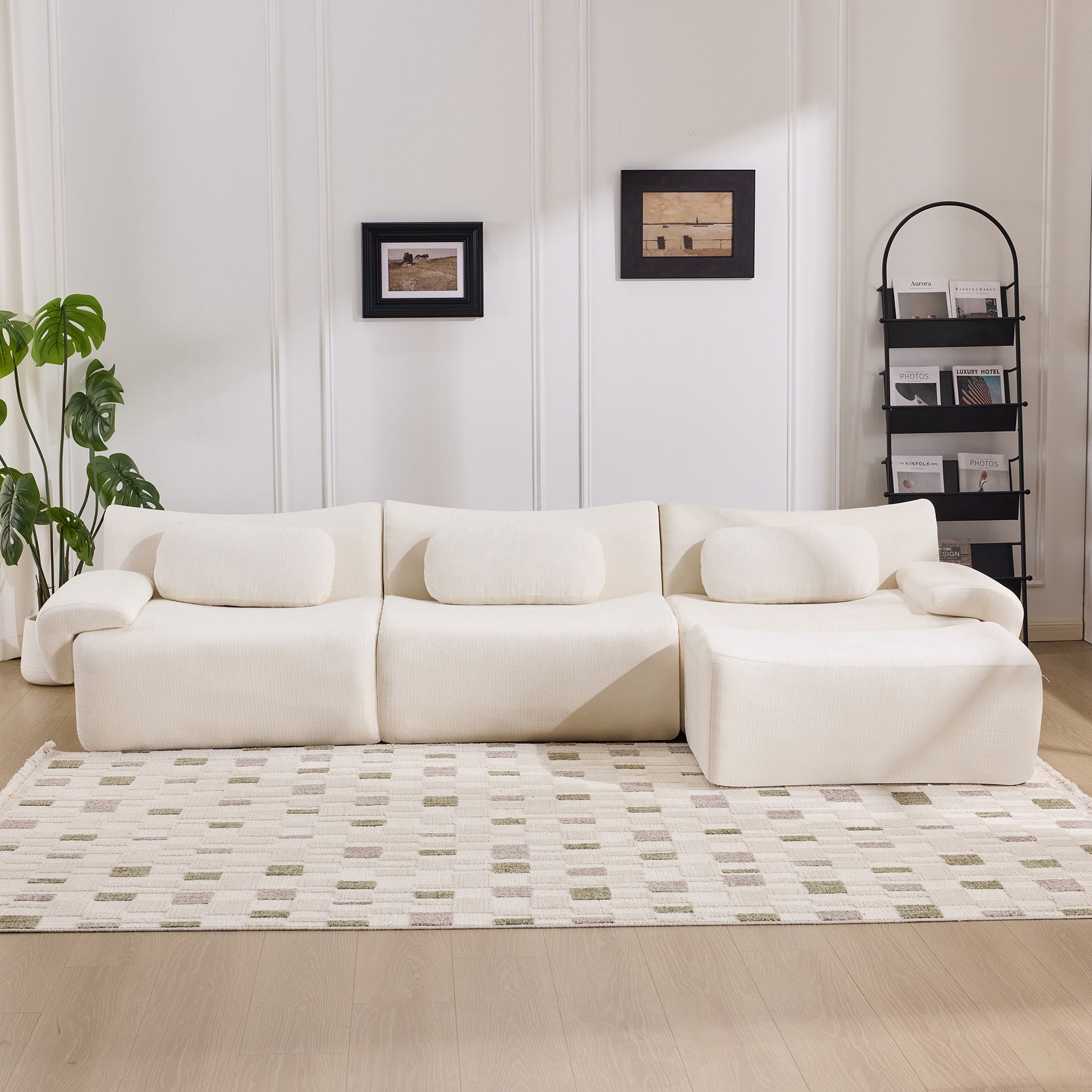 Modular Combination, Bamboo Joint Shape, Armchair, Extra-Large Compression & 3+1 Seater Chenille Deep-Seat (with 3 Pillows) All Fit Living Room/Bedroom