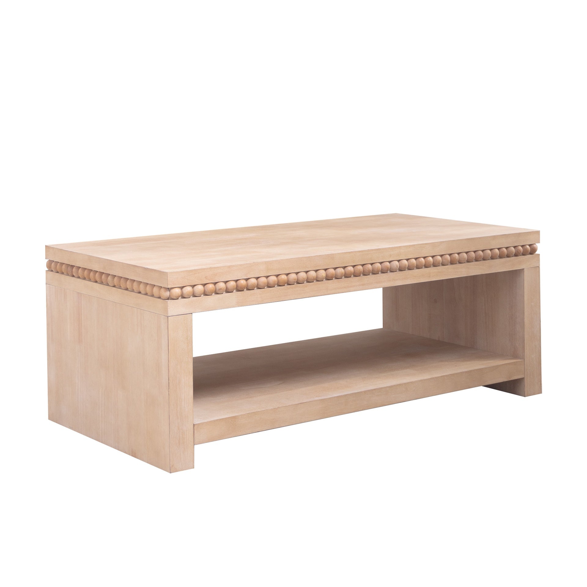 Modern Wood Coffee Table with Beaded Trim – 47" Rectangular Coffee Table with Open Storage Shelf, Light Natural Finish – Farmhouse & Coastal Living Room Furniture