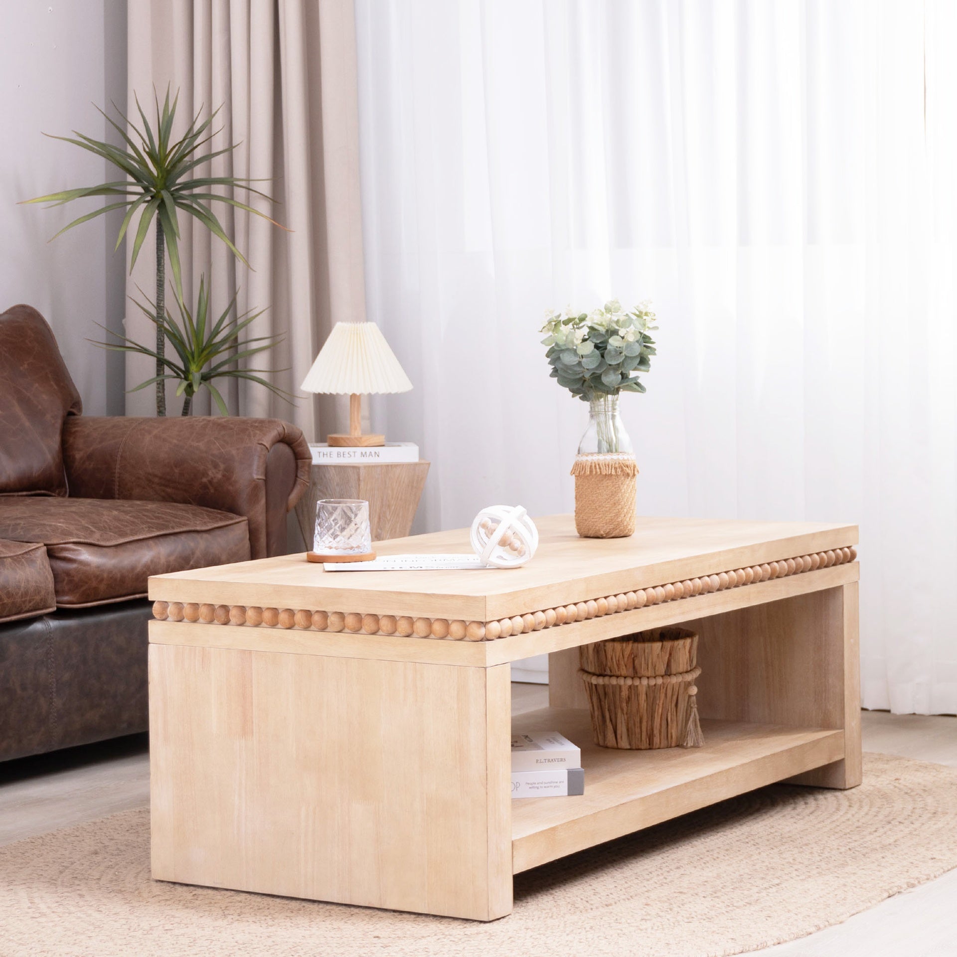 Modern Wood Coffee Table with Beaded Trim – 47" Rectangular Coffee Table with Open Storage Shelf, Light Natural Finish – Farmhouse & Coastal Living Room Furniture