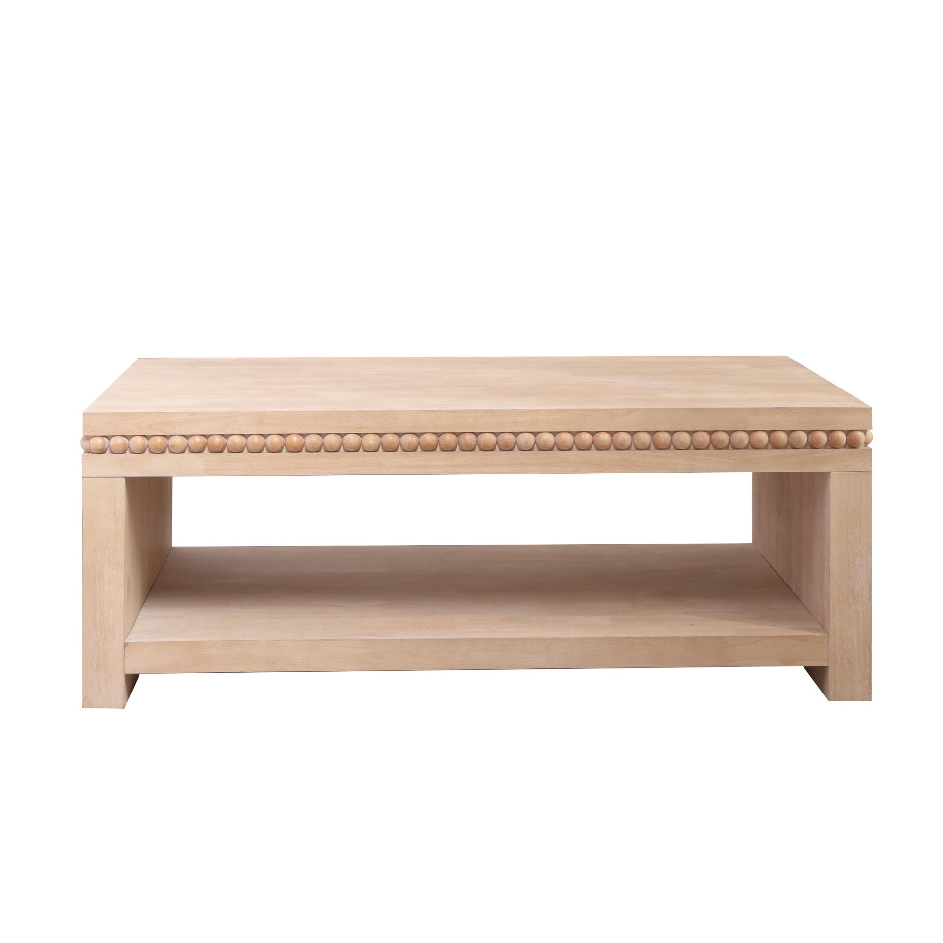Modern Wood Coffee Table with Beaded Trim – 47" Rectangular Coffee Table with Open Storage Shelf, Light Natural Finish – Farmhouse & Coastal Living Room Furniture