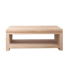 Modern Wood Coffee Table with Beaded Trim – 47" Rectangular Coffee Table with Open Storage Shelf, Light Natural Finish – Farmhouse & Coastal Living Room Furniture