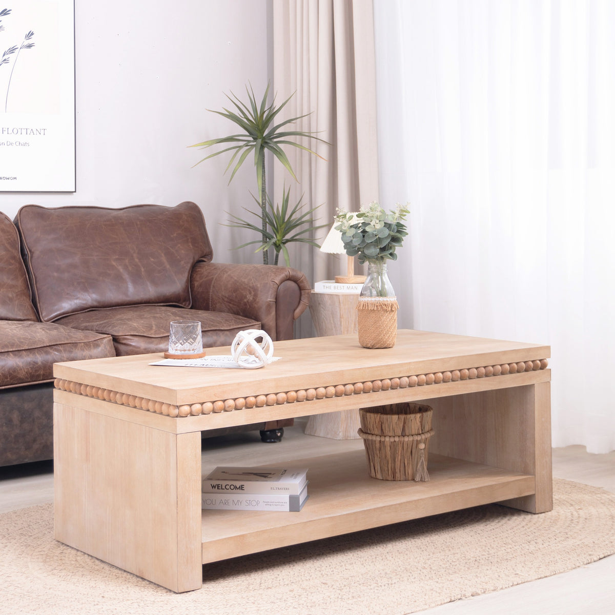 Modern Wood Coffee Table with Beaded Trim – 47" Rectangular Coffee Table with Open Storage Shelf, Light Natural Finish – Farmhouse & Coastal Living Room Furniture